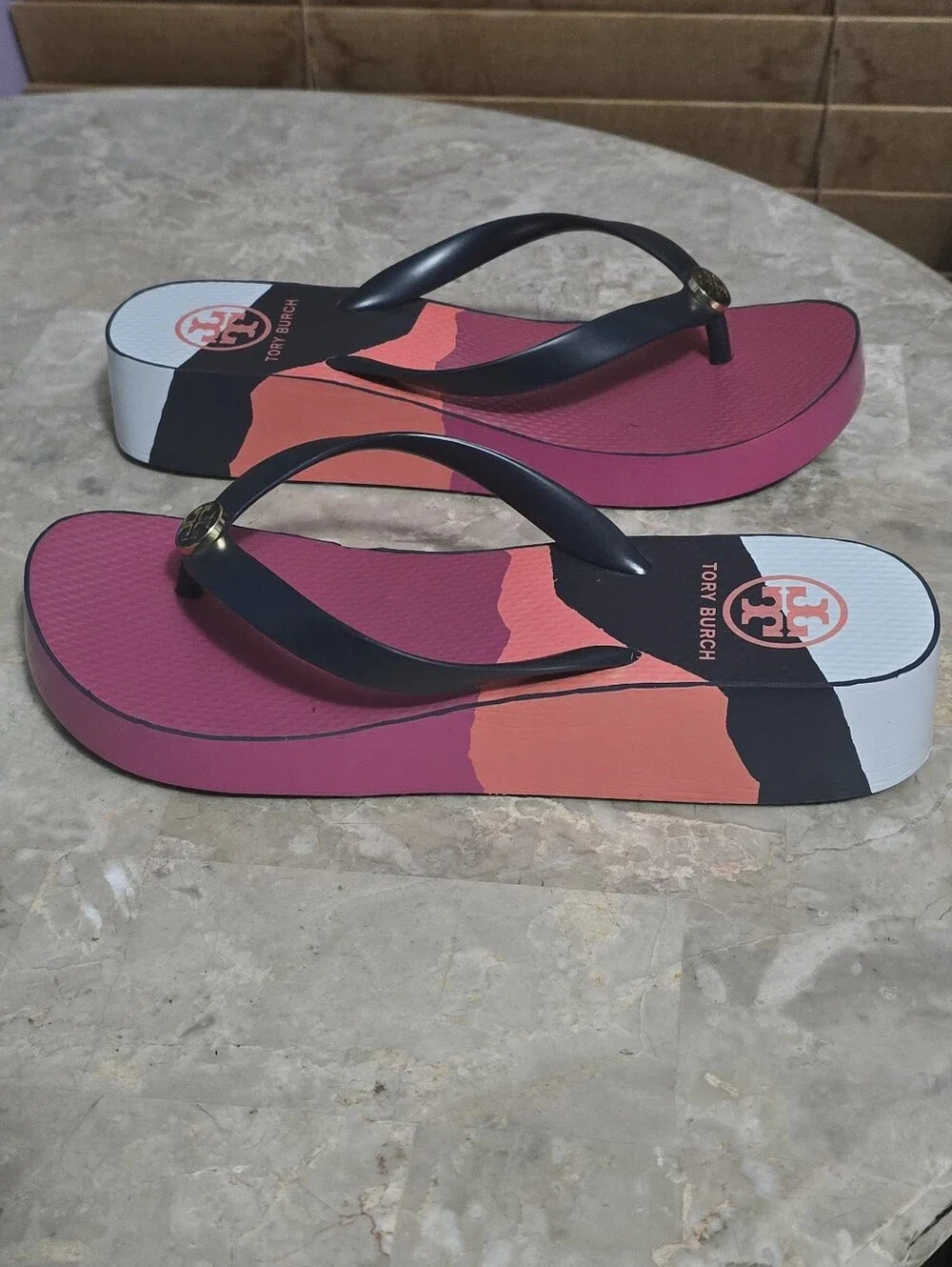 Tory Burch Thandie Wedge Pink, Black, Coral & White Flip Flop Sandals